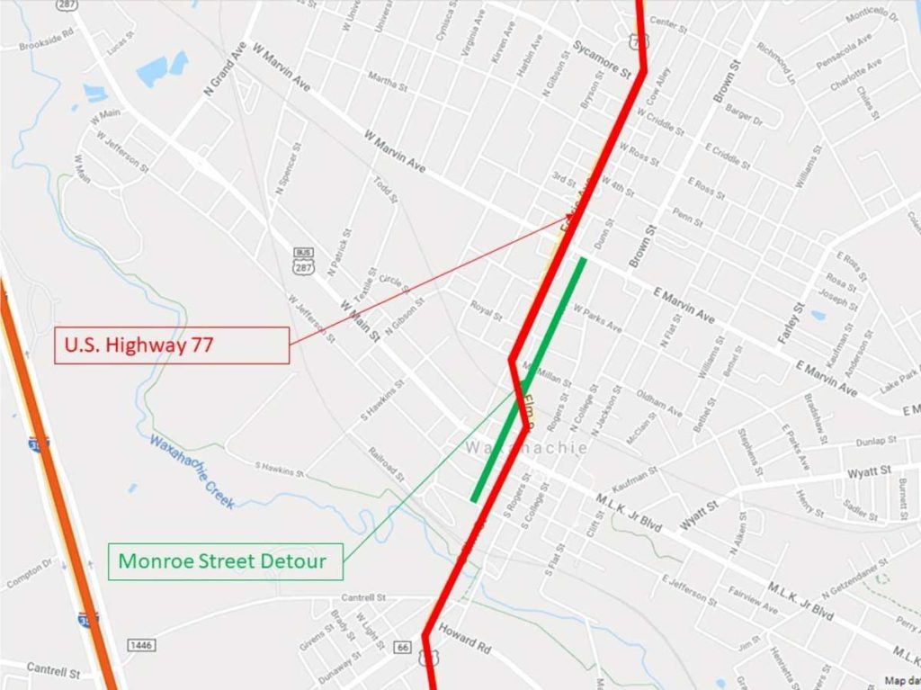 Map of State Highway 77 detour in Downtown Waxahachie Texas