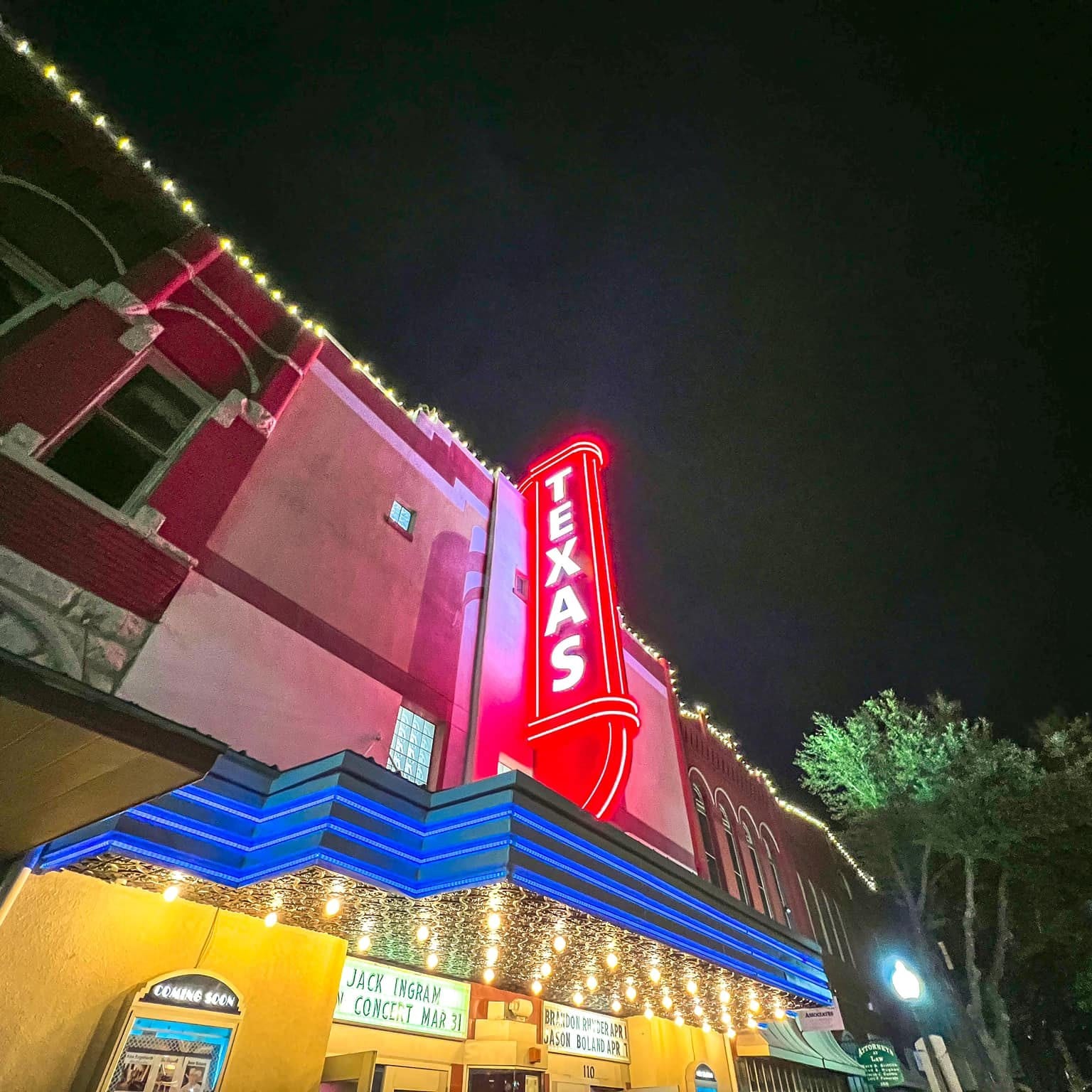 Texas Theater at night in Waxahachie, Texas